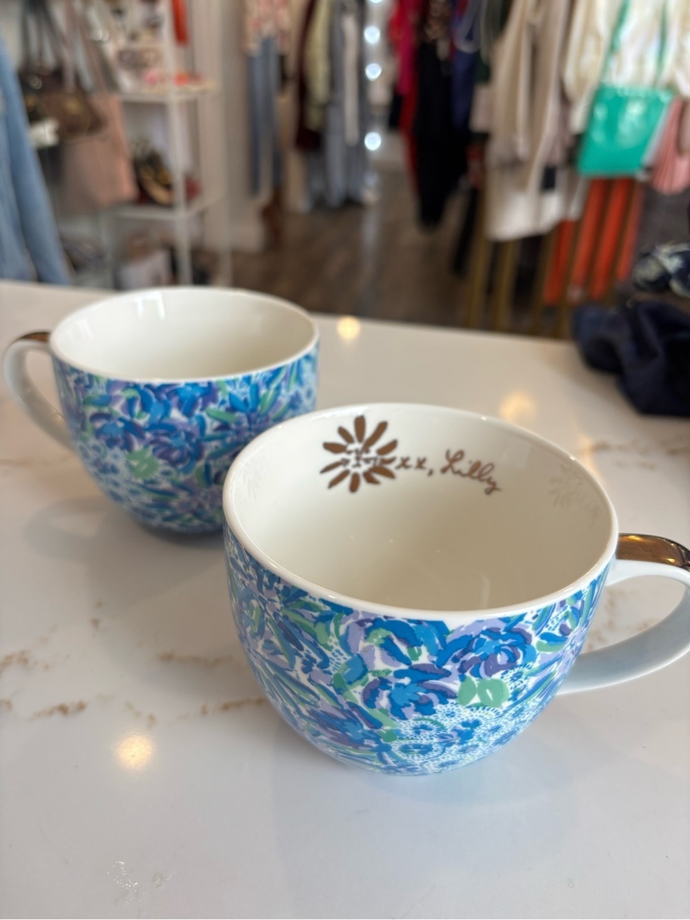 Lilly Pulitzer Blue and Green Floral Ceramic Mugs - Set of 2